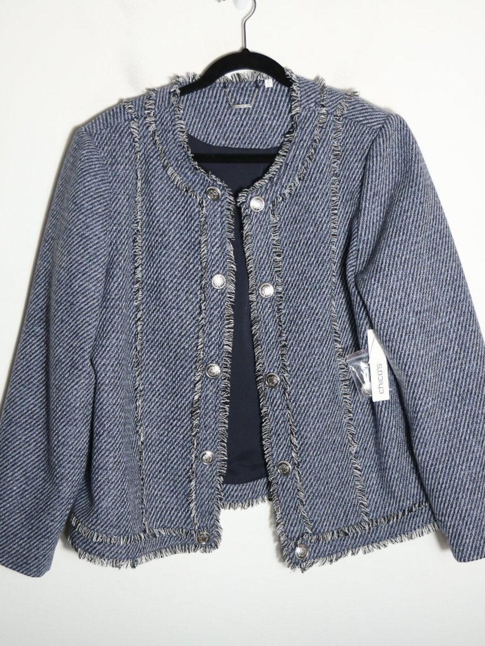 Chicos Tweed Fringe Lady Jacket Womens 3 16 Indigo Blue Preppy Wool Blend Work